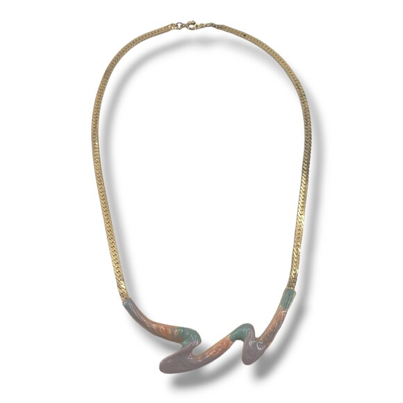 Vintage Gold Tone Chain Necklace Pastel Enamel Zig Zag Wave Design 1980s - Picture 1 of 6